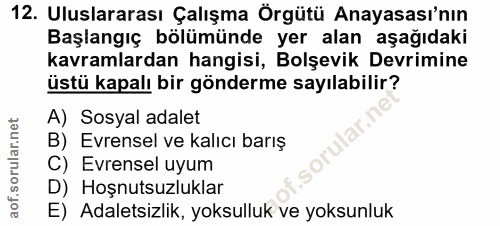 12. soru: Uluslararası Çalışma Örgütü Anayasası'nın Başlangıç bölümünde yer alan aşağıdaki kavramlardan hangisi, Bolşevik Devri…