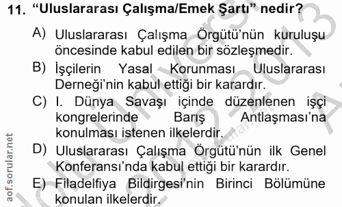 11. soru: "Uluslararası Çalışma/Emek Şartı" nedir? A) Uluslararası Çalışma Örgütü'nün kuruluşu öncesinde kabul edilen bir sözle…