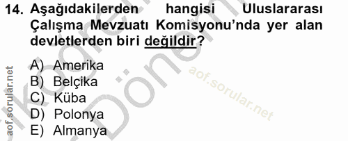 14. soru: Aşağıdakilerden hangisi Uluslararası Çalışma Mevzuatı Komisyonu'nda yer alan devletlerden biri değildir? A) Amerika B…