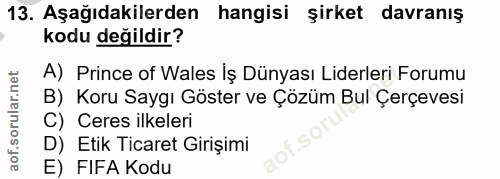 13. soru: Aşağıdakilerden hangisi şirket davranış kodu değildir? A) Prince of Wales İş Dünyası Liderleri Forumu B) Koru Saygı G…