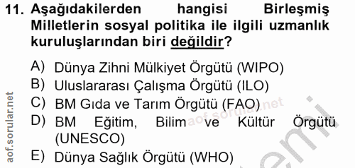 11. soru: Aşağıdakilerden hangisi Birleşmiş Milletlerin sosyal politika ile ilgili uzmanlık kuruluşlarından biri değildir? A) D…