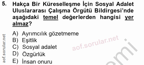 5. soru: Hakça Bir Küreselleşme İçin Sosyal Adalet Uluslararası Çalışma Örgütü Bildirgesi'nde aşağıdaki temel değerlerden hang…