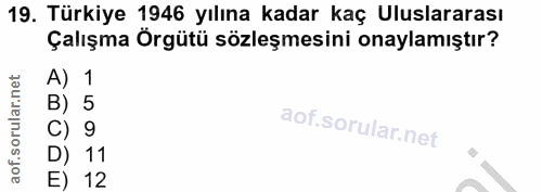 19. soru: Türkiye 1946 yılına kadar kaç Uluslararası Çalışma Örgütü sözleşmesini onaylamıştır? A) 1 B) 5 C) 9 D) 11 E) 12
