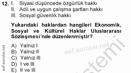 12. soru: l. Siyasi düşüncede özgürlük hakkı II. Adil ve uygun çalışma şartları hakkı III. Sosyal güvenlik hakkı Yukarıdaki hak…