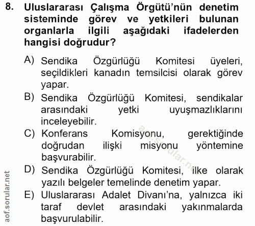 8. soru: Uluslararası Çalışma Örgütü'nün denetim sisteminde görev ve yetkileri bulunan organlarla ilgili aşağıdaki ifadelerden…