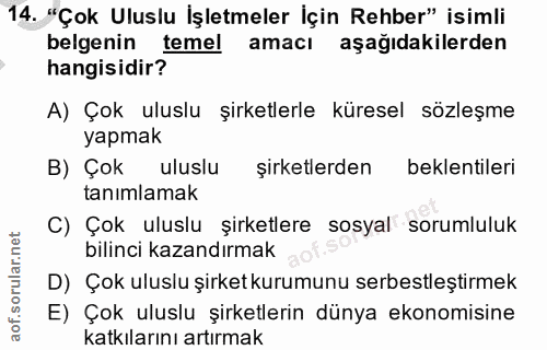 14. soru: "Çok Uluslu İşletmeler İçin Rehber" isimli belgenin temel amacı aşağıdakilerden hangisidir? A) Çok uluslu şirketlerle…