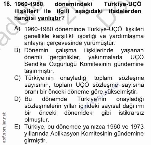 18. soru: 1960-1980 dönemindeki Türkiye-UÇÖ ilişkileri ile ilgili aşağıdaki ifadelerden hangisi yanlıştır? A) 1960-1980 dönemin…