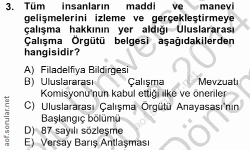 3. soru: Tüm insanların maddi ve manevi gelişmelerini izleme ve gerçekleştirmeye çalışma hakkının yer aldığı Uluslararası Çalı…