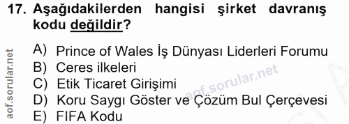 17. soru: Aşağıdakilerden hangisi şirket davranış kodu değildir? A) Prince of Wales İş Dünyası Liderleri Forumu B) Ceres ilkele…