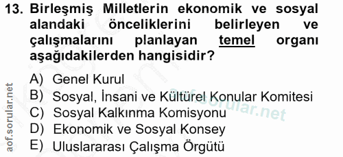 13. soru: Birleşmiş Milletlerin ekonomik ve sosyal alandaki önceliklerini belirleyen ve çalışmalarını planlayan temel organi aş…