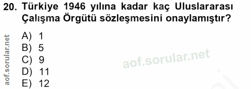 20. soru: Türkiye 1946 yılına kadar kaç Uluslararası Çalışma Örgütü sözleşmesini onaylamıştır? A) 1 B) 5 C) 9 D) 11 E) 12
