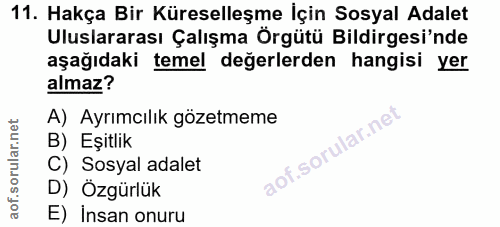 11. soru: Hakça Bir Küreselleşme İçin Sosyal Adalet Uluşlararası Çalışma Örgütü Bildirgesi'nde aşağıdaki temel değerlerden hang…