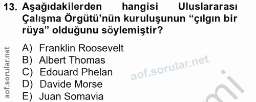 13. soru: Aşağıdakilerden hangisi Uluslararası Çalışma Örgütü'nün kuruluşunun "çılgın bir rüya" olduğunu söylemiştir? A) Frankl…