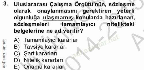 3. soru: Uluslararası Çalışma Örgütü'nün, sözleşme olarak onaylanmasını gerektiren yeterli olgunluğa ulaşmamış konularda hazır…