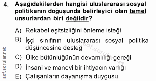 4. soru: Aşağıdakilerden hangisi uluslararası sosyal politikanın doğuşunda belirleyici olan temel unsurlardan biri değildir? A…