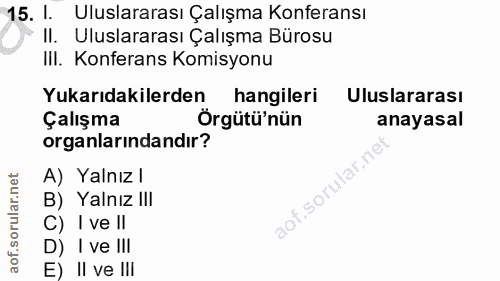 15. soru: I. Uluslararası Çalışma Konferansı II. Uluslararası Çalışma Bürosu III. Konferans Komisyonu Yukarıdakilerden hangiler…