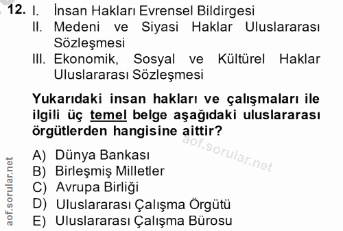 12. soru: .12. I. İnsan Hakları Evrensel Bildirgesi II. I Medeni ve Siyasi Haklar Uluslararası Sözleşmesi IlI. Ekonomik, Sosyal…