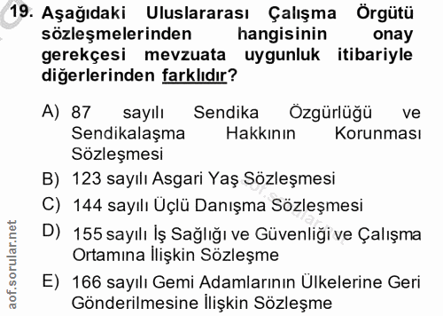 19. soru: Aşağıdaki Uluslararası Çalışma Örgütü sözleşmelerinden hangisinin onay gerekçesi mevzuata uygunluk itibariyle diğerle…