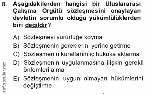 8. soru: Aşağıdakilerden hangisi bir Uluslararası Çalışma Örgütü sözleşmesini onaylayan devletin sorumlu olduğu yükümlülüklerd…