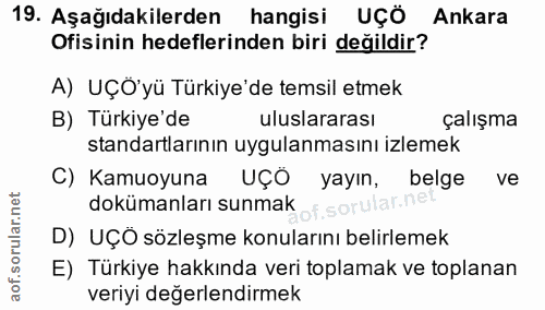 19. soru: Aşağıdakilerden hangisi UÇÖ Ankara Ofisinin hedeflerinden biri değildir? A) UÇÖ'yü Türkiye'de temsil etmek B) Türkiye…
