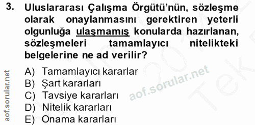 3. soru: Uluslararası Çalışma Örgütü'nün, sözleşme olarak onaylanmasını gerektiren yeterli olgunluğa ulaşmamış konularda hazır…