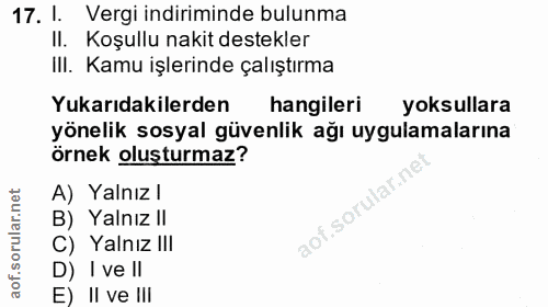17. soru: I. Vergi indiriminde bulunma Il. Koşullu nakit destekler III. Kamu işlerinde çalıştırma Yukarıdakilerden hangileri yo…