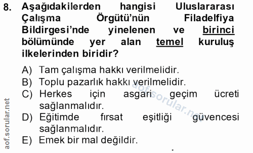 8. soru: Aşağıdakilerden hangisi Uluslararası Çalışma Örgütü'nün Filadelfiya Bildirgesi'nde yinelenen ve birinci bölümünde | y…