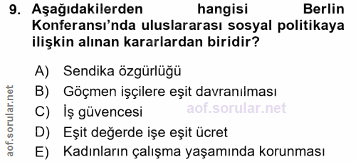 9. soru: Aşağıdakilerden hangisi Berlin Konferansı'nda uluslararası sosyal politikaya ilişkin alınan kararlardan biridir? A) S…