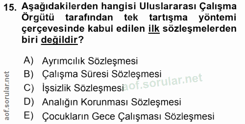 15. soru: Aşağıdakilerden hangisi Uluslararası Çalışma Örgütü tarafindan tek tartışma yöntemi çerçevesinde kabul edilen ilk söz…
