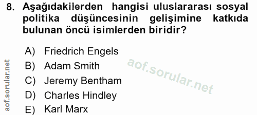 8. soru: Aşağıdakilerden hangisi uluslararası sosyal politika düşüncesinin gelişimine katkıda bulunan öncü isimlerden biridir?…