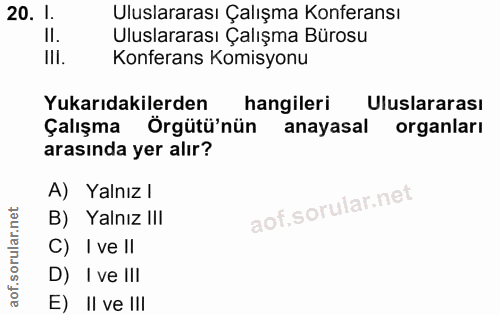 20. soru: I. Uluslararası Çalışma Konferansı II. Uluslararası Çalışma Bürosu III. Konferans Komisyonu Yukarıdakilerden hangiler…