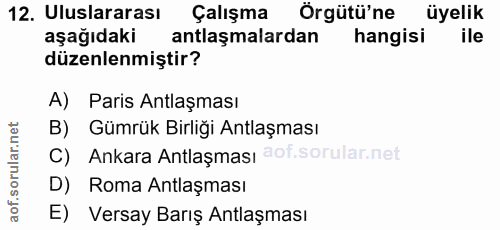 12. soru: Uluslararası Çalışma Örgütü'ne üyelik aşağıdaki antlaşmalardan hangisi ile düzenlenmiştir? A) Paris Antlaşması B) Güm…