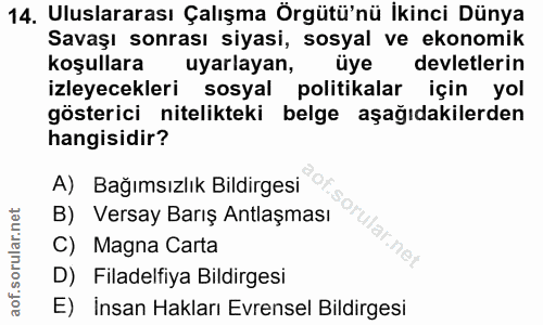 14. soru: Uluslararası Çalışma Örgütü'nü İkinci Dünya Savaşı sonrası siyasi, sosyal ve ekonomik koşullara uyarlayan, üye devlet…