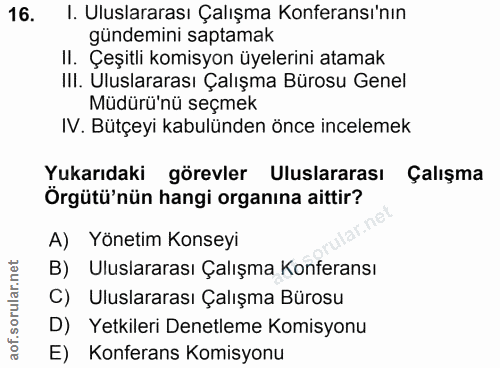 16. soru: I. Uluslararası Çalışma Konferansı'nın gündemini saptamak II. Çeşitli komisyon üyelerini atamak III. Uluslararası Çal…