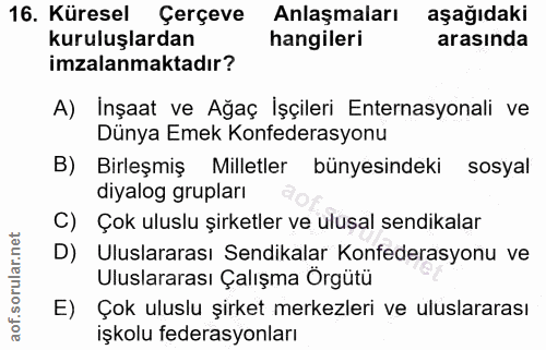 16. soru: Küresel Çerçeve Anlaşmaları aşağıdaki kuruluşlardan hangileri arasında imzalanmaktadır? A) Inşaat ve Ağaç İşçileri En…