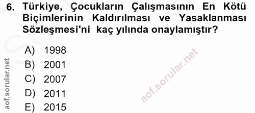 6. soru: Türkiye, Çocukların Çalışmasının En Kötü Biçimlerinin Kaldırılması ve Yasaklanması Sözleşmesi'ni kaç yılında onaylamı…