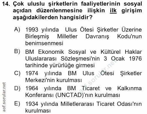 14. soru: Çok uluslu şirketlerin faaliyetlerinin sosyal açıdan düzenlenmesine ilişkin ilk girişim aşağıdakilerden hangisidir? A…