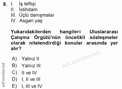 8. soru: l. Iş teftişi II. Istihdam III. Uçlü danışmalar IV. Asgari yaş Yukarıdakilerden hangileri Uluslararası Çalışma Örgütü…