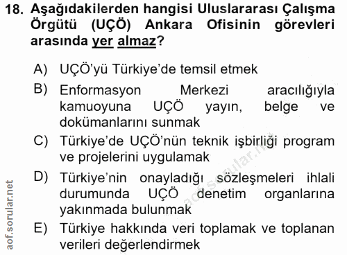 18. soru: Aşağıdakilerden hangisi Uluslararası Çalışma Örgütü (UÇÖ) Ankara Ofisinin görevleri arasında yer almaz? A) UÇO'yü Tür…