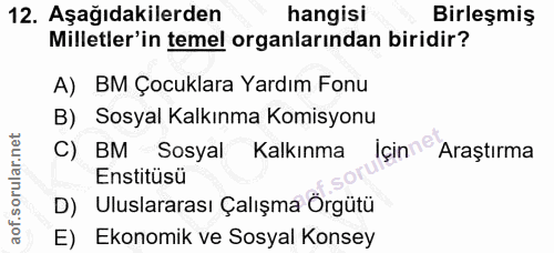 12. soru: Aşağıdakilerden hangisi Birleşmiş Milletler'in temel organlarından biridir? A) BM Çocuklara Yardım Fonu B) Sosyal Kal…