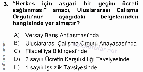 3. soru: "Herkes için asgari bir geçim ücreti sağlanması" amacı, Uluslararası Çalışma Örgütü'nün aşağıdaki belgelerinden hangi…
