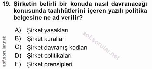 19. soru: Şirketin belirli bir konuda nasıl davranacağı konusunda taahhütlerini içeren yazılı politika belgesine ne ad verilir?…