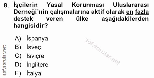 8. soru: İşçilerin Yasal Korunması Uluslararası Derneği'nin çalışmalarına aktif olarak en fazla destek veren ülke aşağıdakiler…