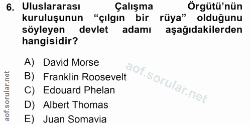 6. soru: Uluslararası Çalışma Örgütü'nün kuruluşunun "çılgın bir rüya" olduğunu söyleyen devlet adamı aşağıdakilerden hangisid…