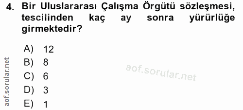 4. soru: Bir Uluslararası Çalışma Örgütü sözleşmesi, tescilinden kaç ay sonra yürürlüğe girmektedir? A) 12 B) 8 C) 6 D) 3 E) 1