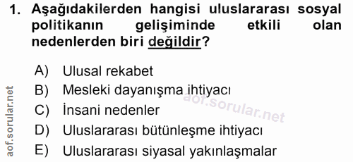 1. soru: Aşağıdakilerden hangisi uluslararası sosyal politikanın gelişiminde etkili olan nedenlerden biri değildir? A) Ulusal…