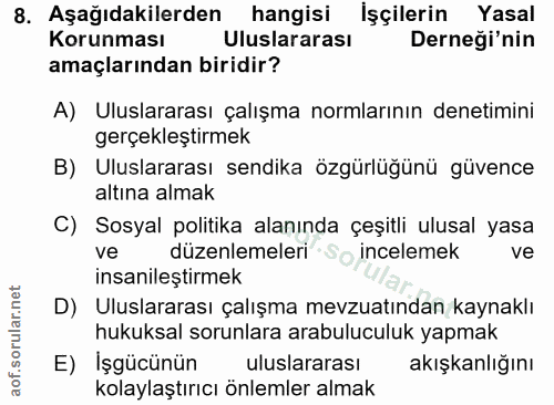 8. soru: Aşağıdakilerden hangisi İşçilerin Yasal Korunması Uluslararası Derneği'nin amaçlarından biridir? A) Uluslararası çalı…