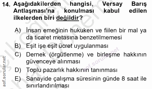 14. soru: Aşağıdakilerden hangisi, Versay Barış Antlaşması'na konulması kabul edilen ilkelerden biri değildir? A) İnsan emeğini…