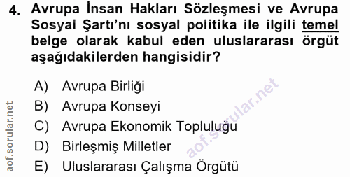 4. soru: Avrupa İnsan Hakları Sözleşmesi ve Avrupa Sosyal Şartı'nı sosyal politika ile ilgili temel belge olarak kabul eden ul…