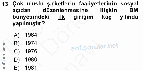 13. soru: Çok uluslu şirketlerin faaliyetlerinin sosyal açıdan düzenlenmesine ilişkin BM bünyesindeki ilk girişim kaç yılında y…